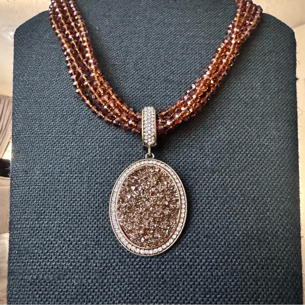 Joan Rivers Multi Strand Mocha Crystal Bead Druzy Rhinestone Pendant Necklace 18